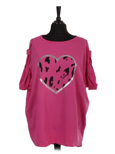 Italian Turn-up Sleeves Animal Print Heart Dip Hem Top