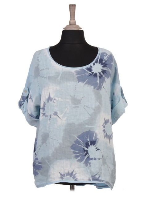 Italian Turn-up Sleeves Floral Print Linen Top