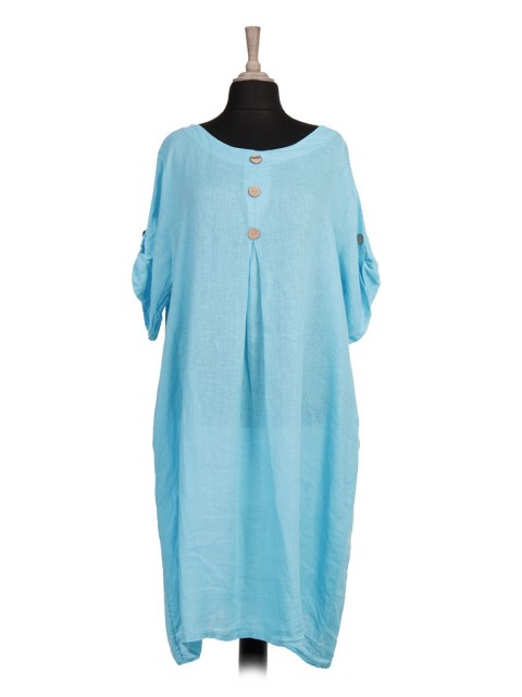 Italian Turn-up Sleeves Front Button Linen Lagenlook Dress