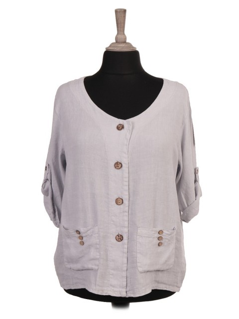 Italian Turn-up Sleeves Front Button Panel Linen Top