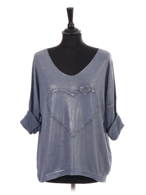 Italian Turn-up Sleeves Heart Embroidered Shimmery Top