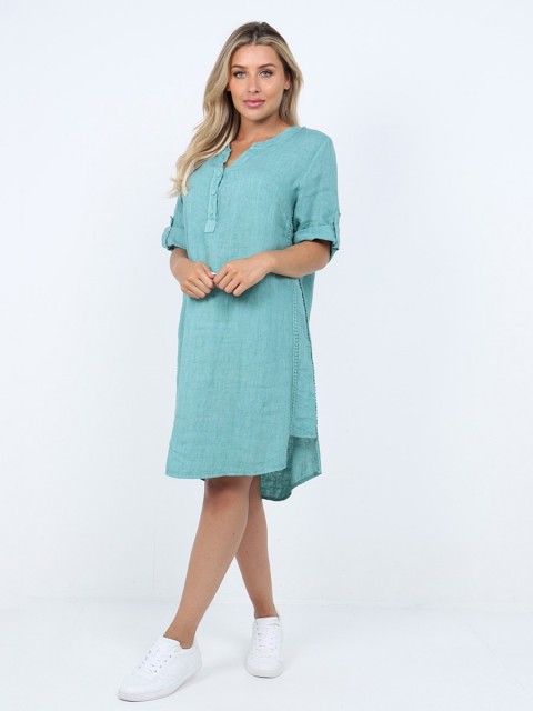 Italian Turn-up Sleeves Linen Shirt Dress With Lace Detail