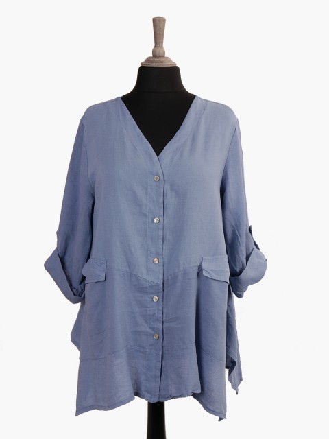 Italian Turn-up Sleeves Linen Top With Flap Over Pockets
