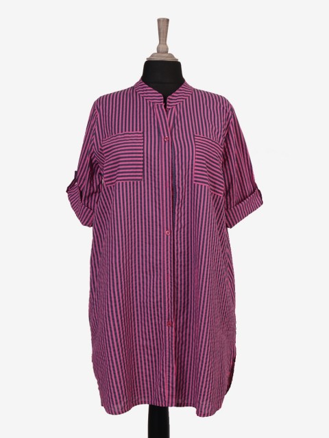 Italian Turn-up Sleeves Stripy Print Shirt Dress