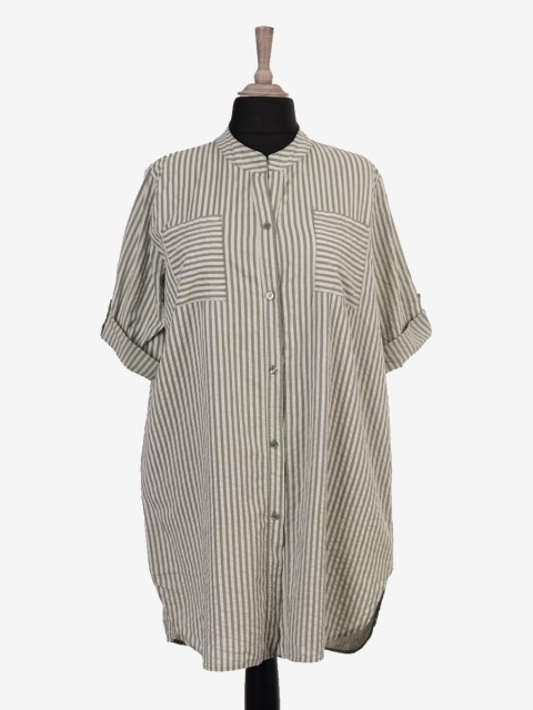 Italian Turn-up Sleeves Stripy Print Shirt Dress