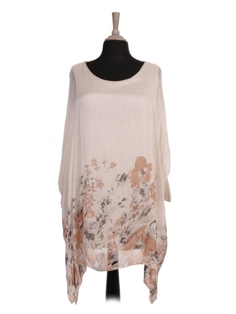 Italian Two Layered Floral Print Silk Batwing Tunic Top