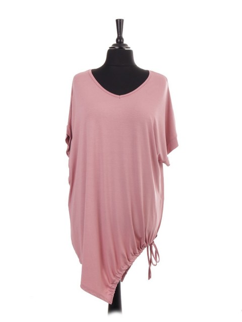 Italian V-neck Asymmetric Gathered Hem Jersey Batwing Top