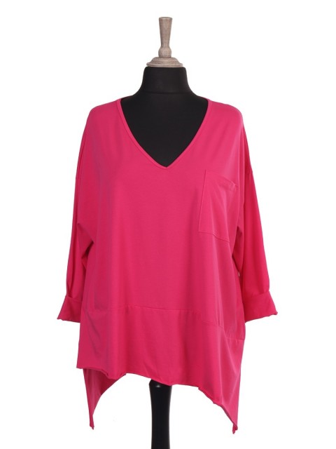 Italian V-neck Asymmetric Hem Top With Front Pocket