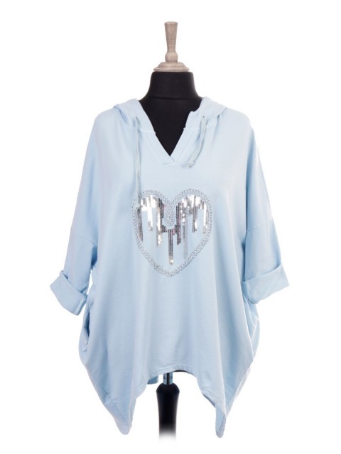 Italian V-neck Sequin Heart Hooded Top