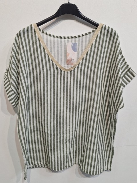 Italian V-neck Stripe Print Cotton Top