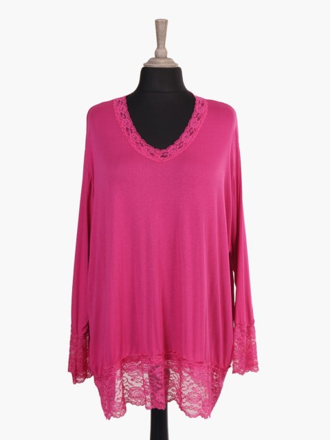 Italian V-neck Top With Lace Detail Hem And Sleeves