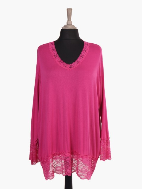 Italian V-neck Top With Lace Detail Hem And Sleeves