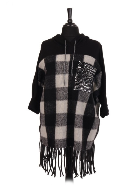 Italian Wool Check Pattern Hooded Jumper With Sequin Pocket And Fringe Hem