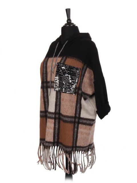 Italian Wool Tartan Hooded Jumper With Sequin Pocket And Fringe Hem