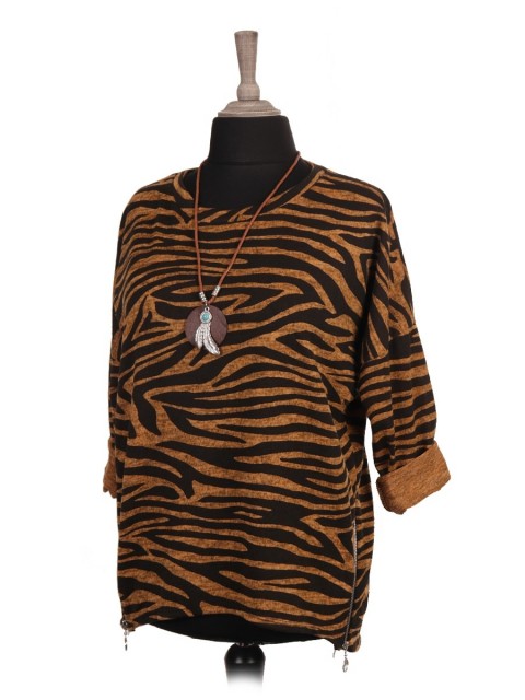 Italian Zebra Print Dip Hem Batwing Top With Necklace