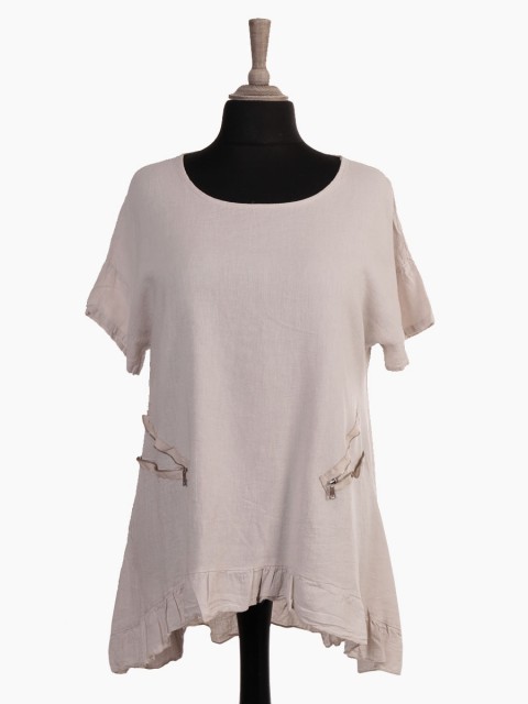 Italian Zip Detail Frilled Linen Tunic Top