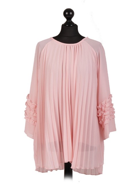 Italian Long Pleated Ruffled Sleeve Blouse