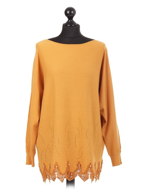 Italian Knitted Jumper With Lace Hem & Diamante Pattern