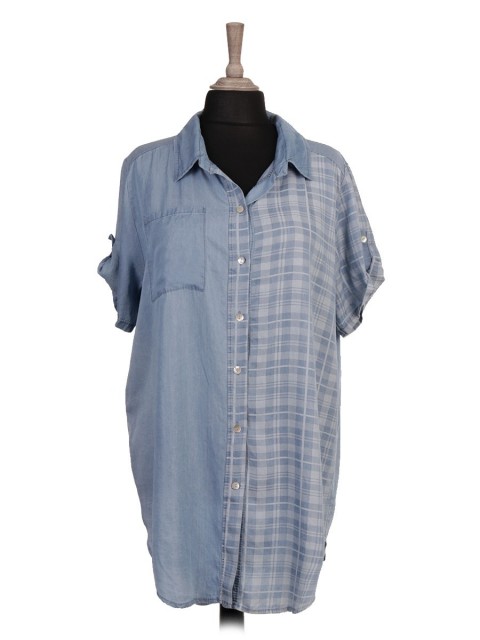 Italian Plaid Front Button Panel Chambray Shirt Dress