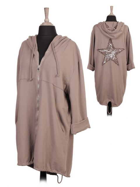 Plus Size Italian Back Sequin Star Front Zipper Hooded Jacket