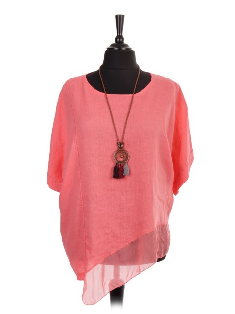 Plus Size Italian Linen Asymmetric Silk Hem Top With Necklace