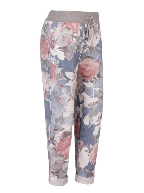 Plus Size Italian Made Floral Print Cotton Trousers