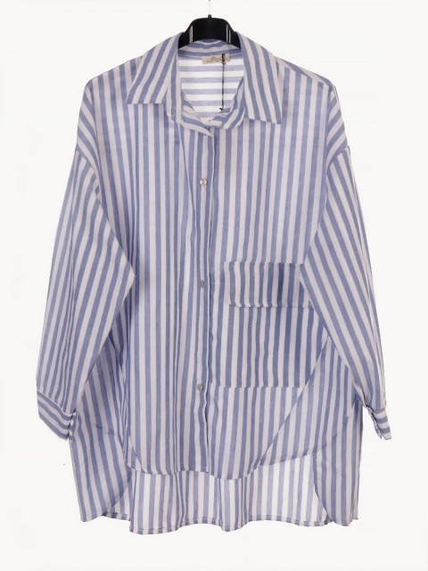 Plus Size Wide Stripe Blouse with Front Button Panel and Pocket