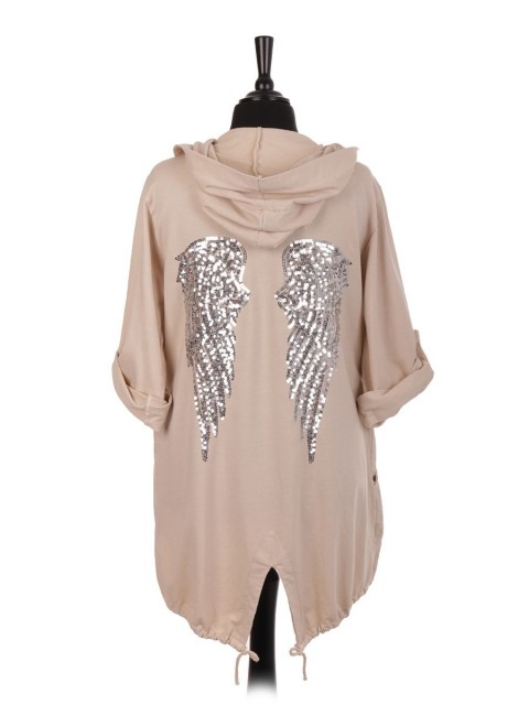 Italian Cotton Sequin Angel Wing Hooded Jacket With Side Pockets