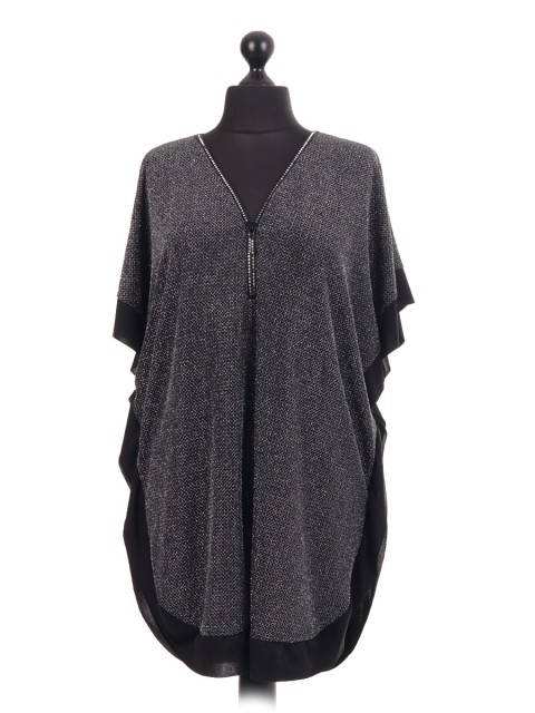 Sparkle Diamante Zip Neck Poncho Tunic Top