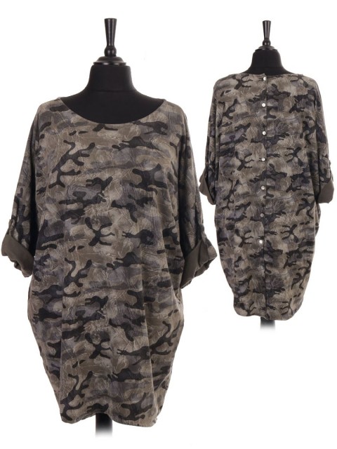 Italian Camouflage Print Diamante Star Top With Back Button Panel