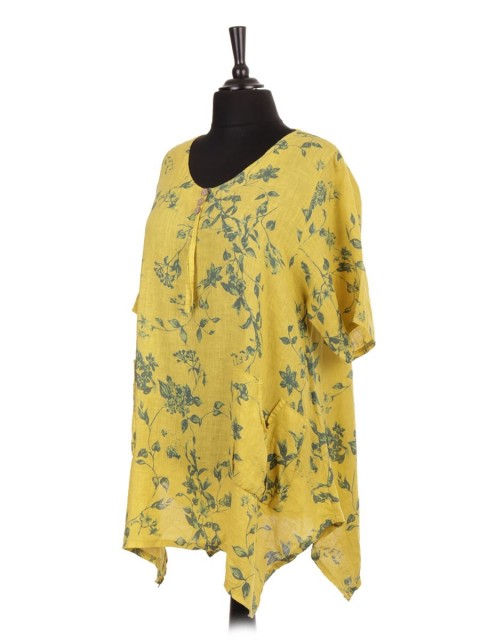 Italian Floral Linen Tunic Top With Front Pockets