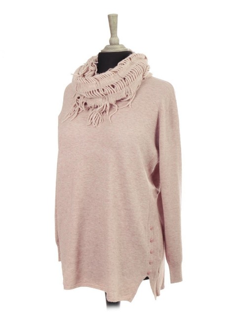 Italian Knitted Jumper With Side Button Panel And Mesh Scarf