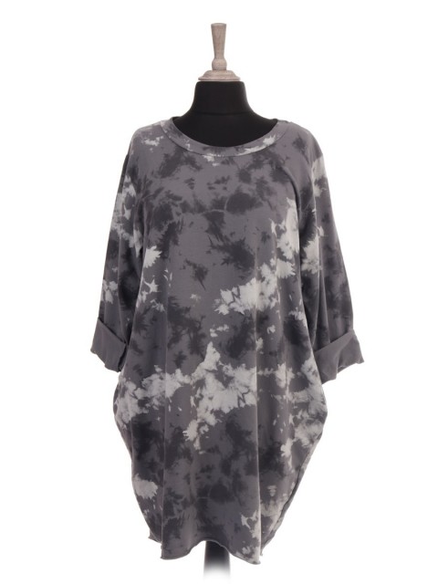 Italian Tie Dye Print Dip Hem Top With Side Pockets