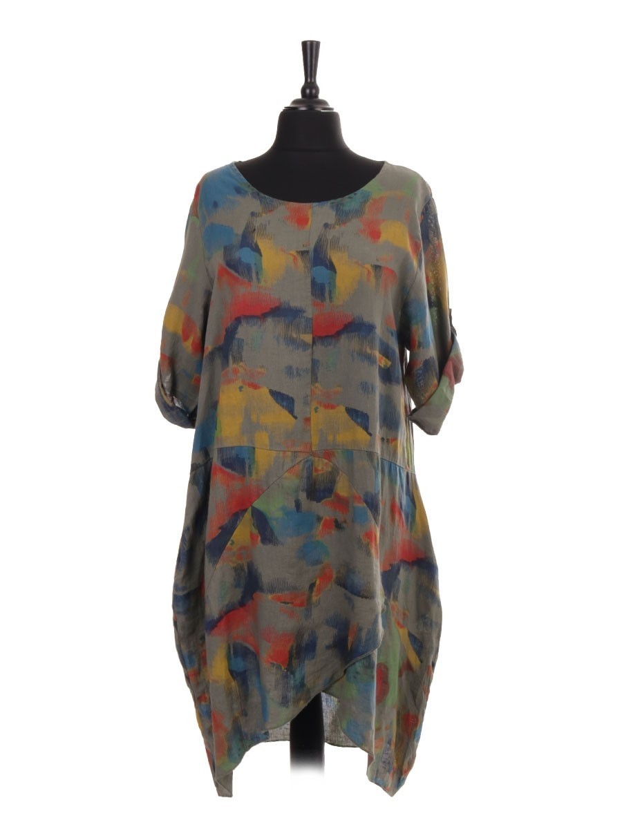 Italian Abstract Print Wrap Over Hem Linen Lagenlook Dress With Side ...