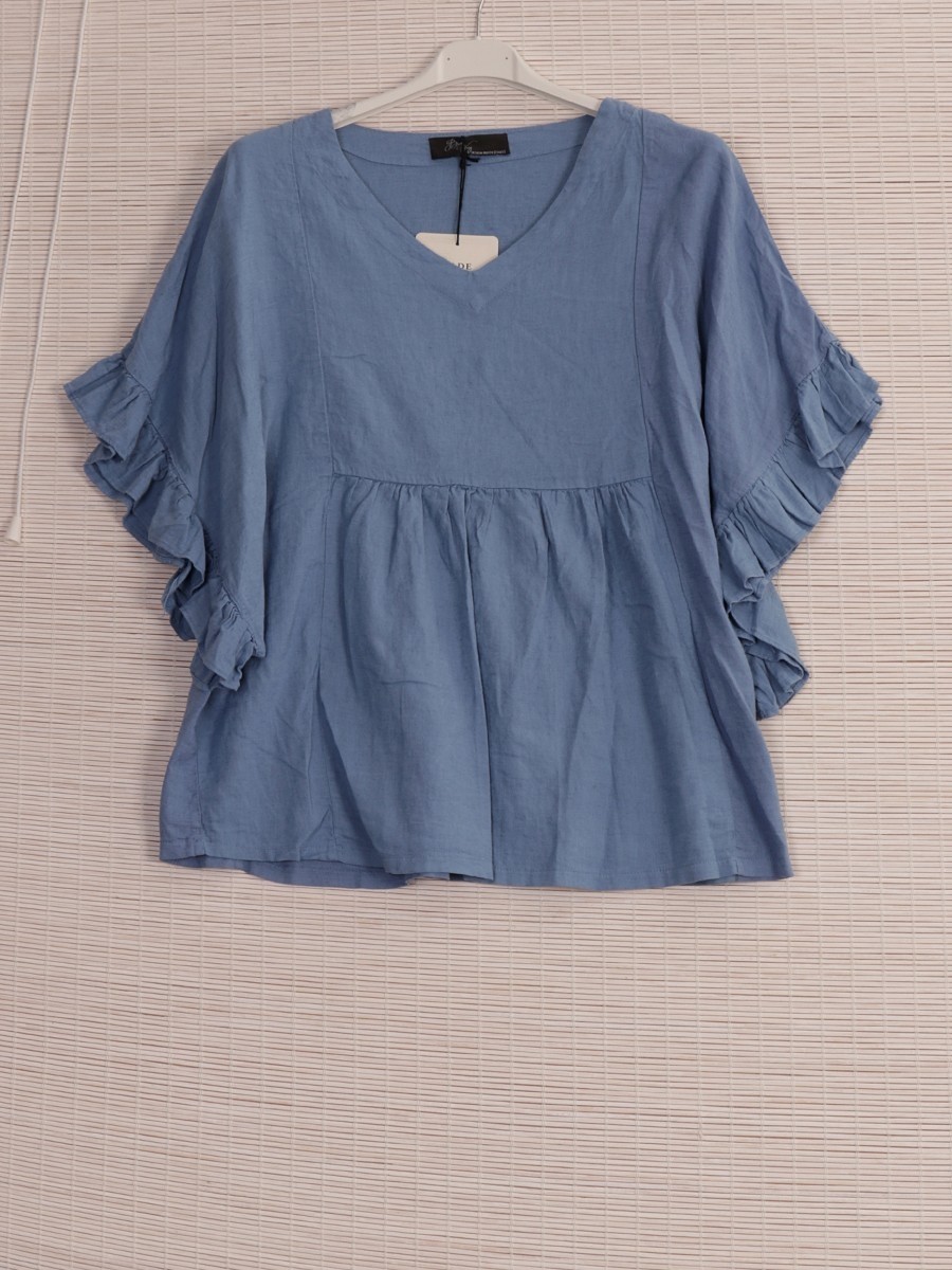 Italian Frilled Sleeves Linen Batwing Top