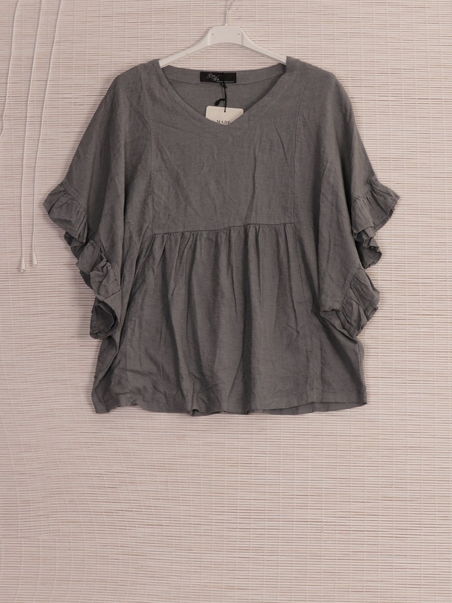 Italian Frilled Sleeves Linen Batwing Top