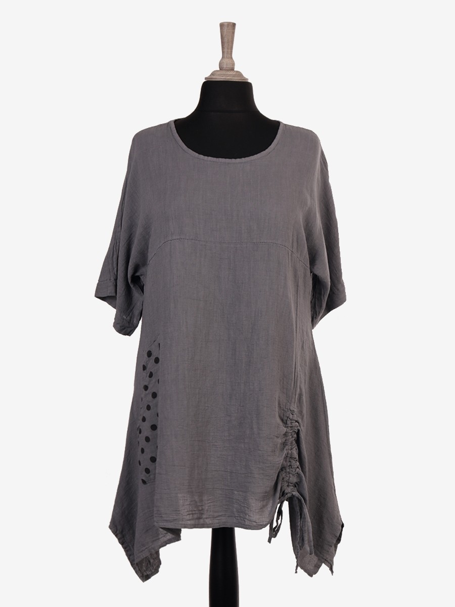 Italian Front Pocket Detail Ruched Linen Tunic Top