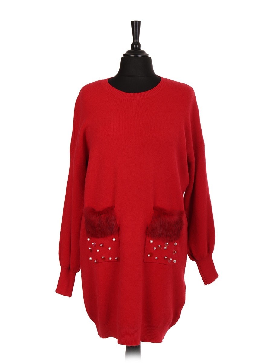 Italian Jumper With Faux Fur And Pearl Detail Front Pockets