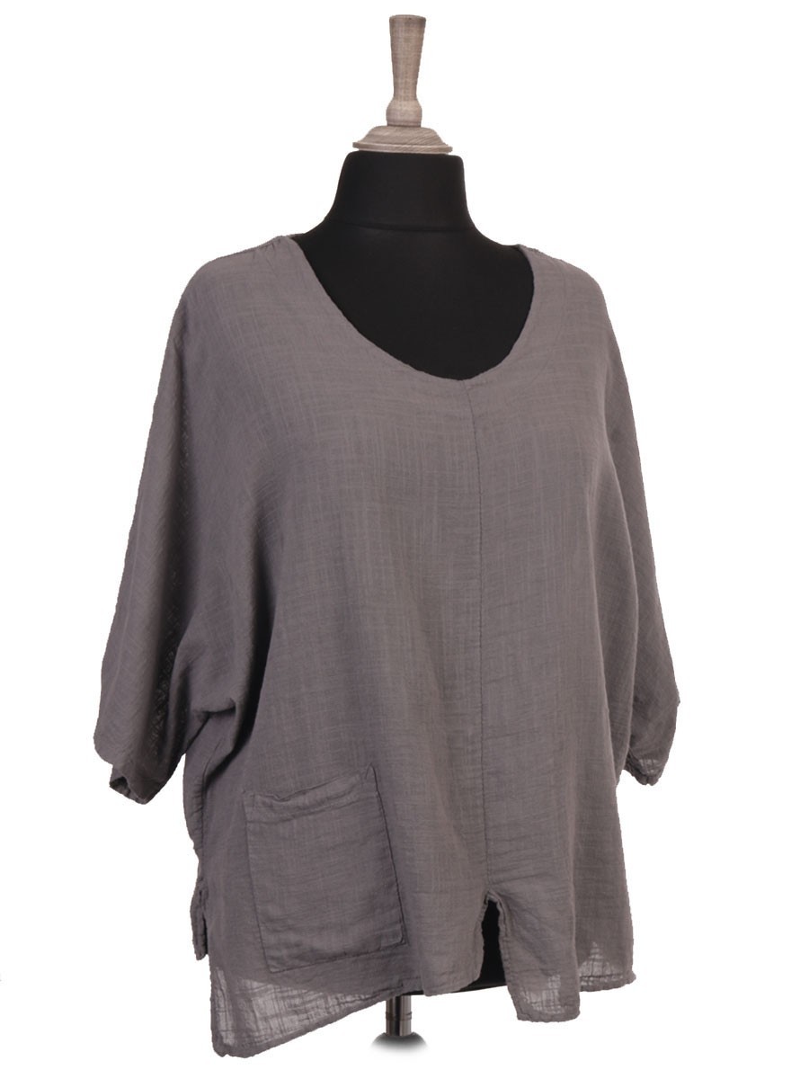 Italian Linen Batwing Top With Front Pocket And Split