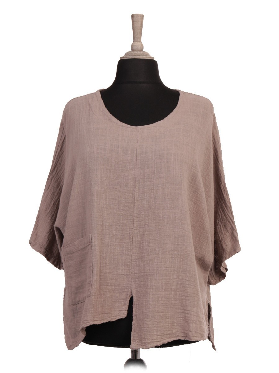 Italian Linen Batwing Top With Front Pocket And Split