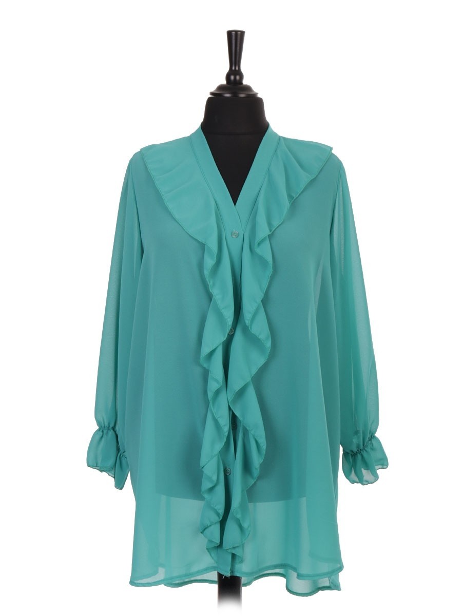 Italian Ruffled Blouse With Front Button Panel And Elasticated Sleeves