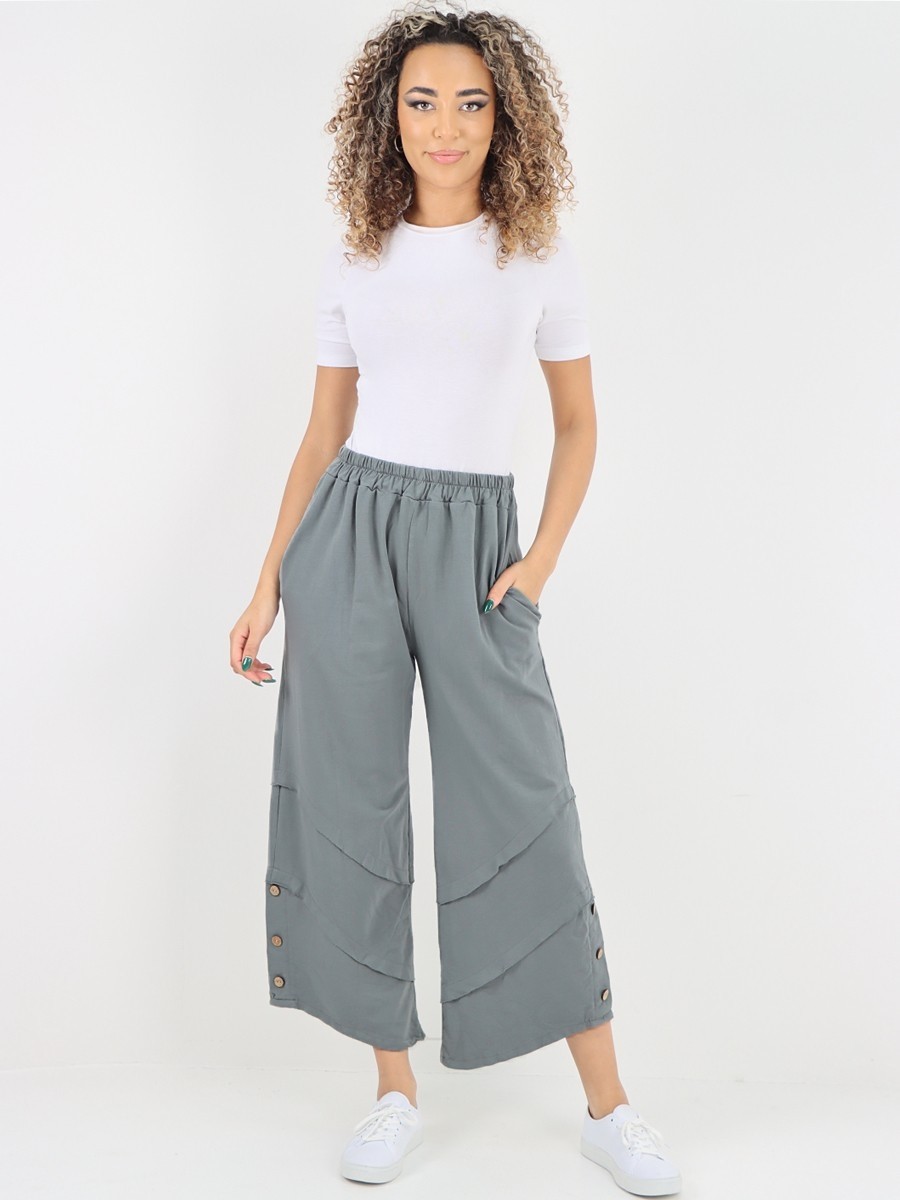 Italian Side Button Detail Pleated Wide Leg Trousers