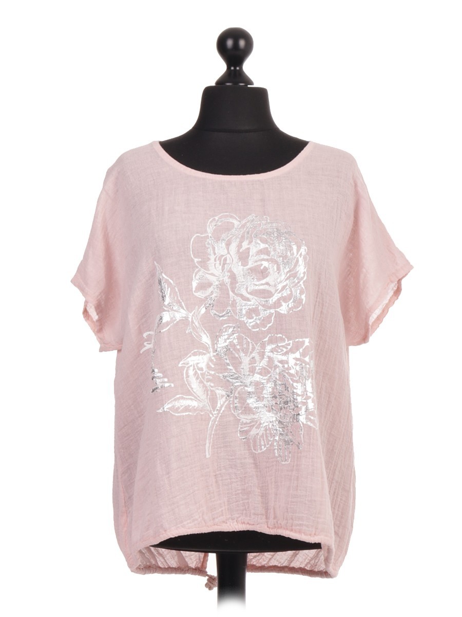 Made In Italy Clothing Italian Linen Glossy Floral Print Gathered Hem Top