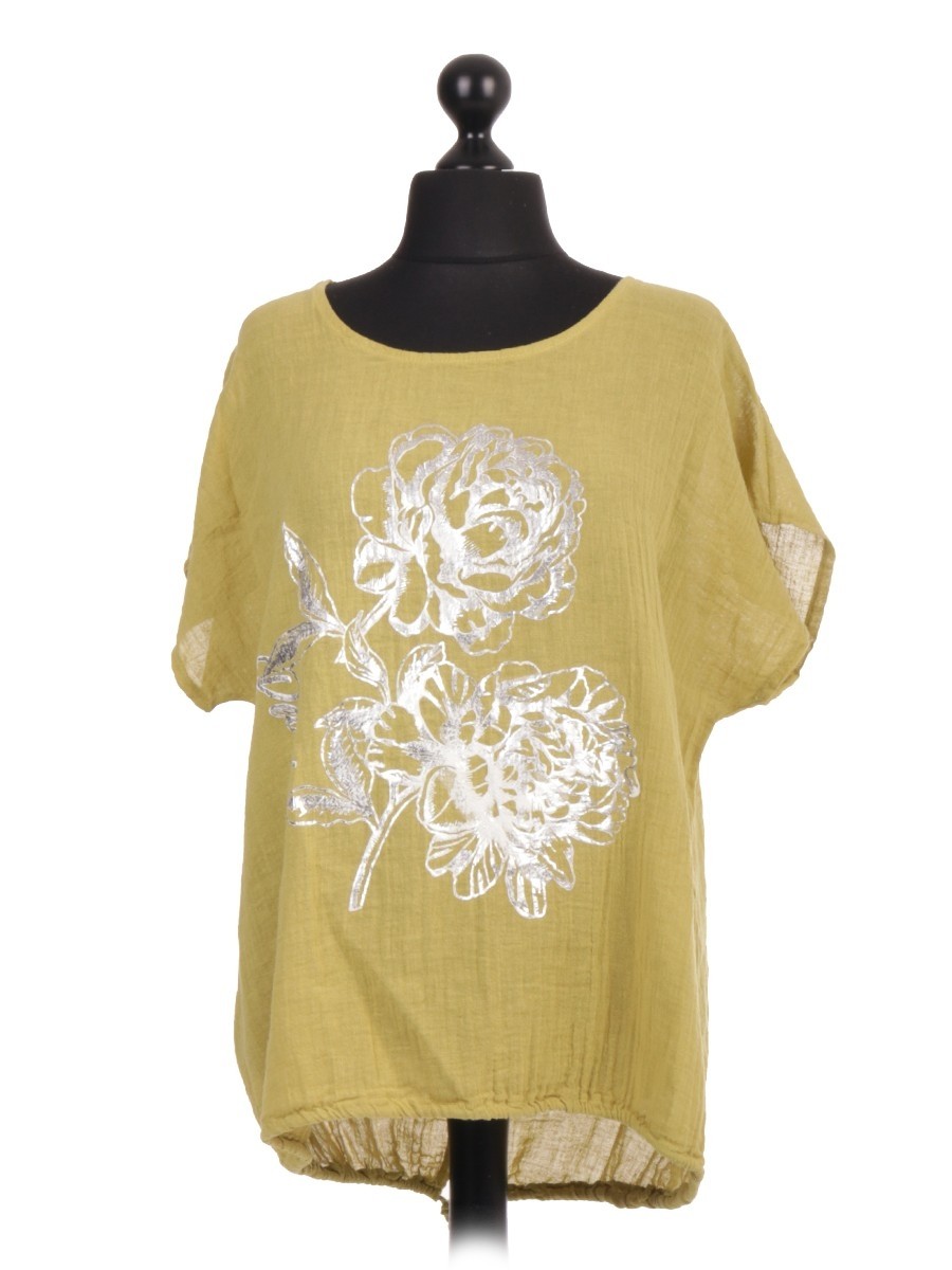 Made In Italy Clothing Italian Linen Glossy Floral Print Gathered Hem Top
