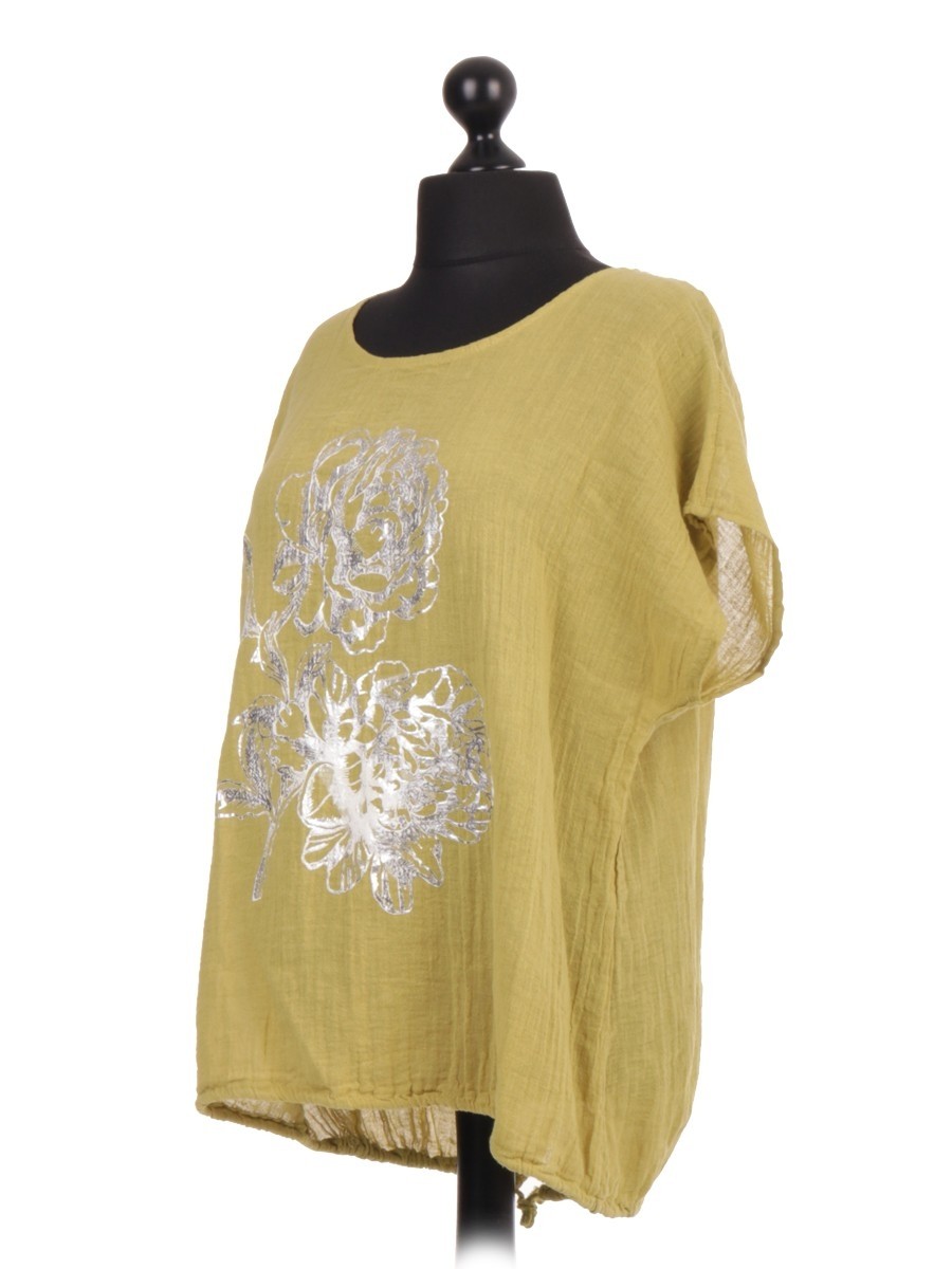 Made In Italy Clothing Italian Linen Glossy Floral Print Gathered Hem Top