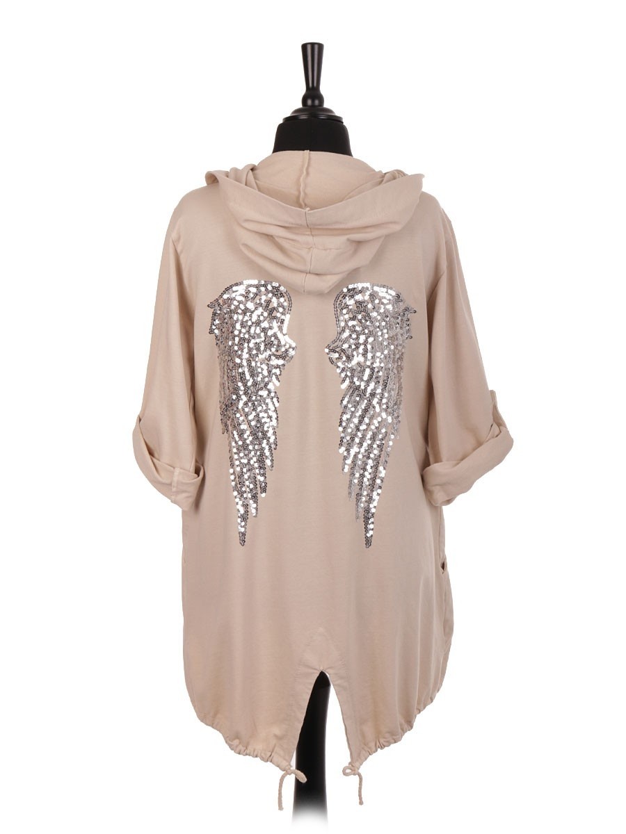 Italian Cotton Sequin Angel Wing Hooded Jacket With Side Pockets