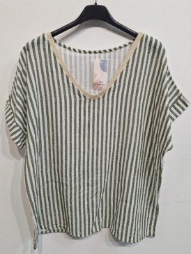 Italian V-neck Stripe Print Cotton Top