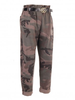 High Waist Camouflage Print Ribbed Italian Trouser With Belt