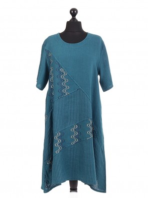 Italian Linen Embroidery Stripe Panel Dress