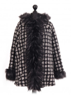 Italian  Check Faux Fur Trim Jacket